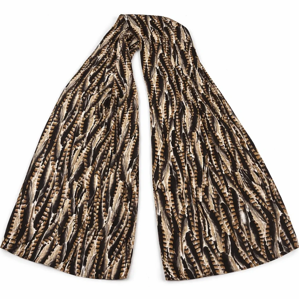 Echo Silk Feather Print Scarf Oblong Black Brown Neutral Classic Boho Chic
